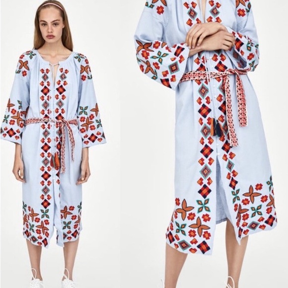 Zara Dresses & Skirts - Embroidered Light Blue TRF Dress with Red and Orange Accents